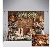 Fondo fotográfico de Pascua de Kate 10x6.5ft/3x2m Puerta de Madera marrón Huevos de Colores Conejo Ideal para Baby Shower Fiesta de cumpleaños Infantil con Suelo de Madera