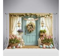 Fondo fotográfico de Primavera Kate Spring Tulip Easter de 10x10ft/3x3m con Huevos de Pascua Corona Puerta de Madera Azul decoración para Retratos de cumpleaños Infantiles Banner fotográfico