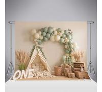 Fondo fotográfico Kate Boho para el Primer cumpleaños 6.5x6.5ft/2x2m Arco de Globos Verde Fondo para Fotos de Fiesta de bebé con el número One Tienda Bohemia Suelo de Madera Accesorios