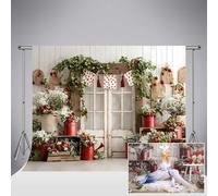 Fondo fotográfico Kate Strawberry de 8x8ft/2.5x2.5m con Puerta de Madera rústica Fiestas de cumpleaños y sesiones de Fotos en Primavera y Verano para fotomatón en Estudio fotográfico