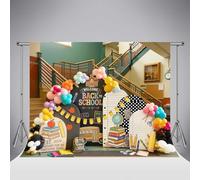 Fondo fotográfico Kate Welcome Back School de 8x8ft/2.5x2.5m con Globos Coloridos y Letras ABC para el Primer día de Clases Ideal para aulas Infantiles escaleras y fotomatones