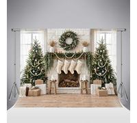Fondo Fotográfico Navidad Chimenea Kate 10x10ft/3x3m Corona Piñas Árbol Navideño Fondos Muro Ladrillo Blanco Decoración Fiesta Niños Familia Fondo