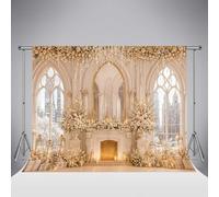 Fondo Fotográfico Navidad Kate Chimenea 7x5ft/2.2x1.5m Fondo Navideño Ventana Castillo Blanco Adornos Dorados Winter Wonderland Props Estudio Foto para Retratos Familia Vacaciones