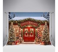 Fondo Fotográfico Navidad Kate Puerta Granero Rojo Corona Taller Papá Noel Bastón Caramelo Fiesta Niños 8x8ft/2.5x2.5m Invierno Nieve Árboles Navidad Fondo Cumpleaños Retratos Familia Fondos Foto