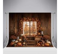 Fondo fotográfico rústico de Madera con Ventana de otoño Kate de 8x8ft/2.5x2.5m cabaña de Madera con Calabazas Ideal para sesiones de Fotos Familiares Baby Showers y Retratos