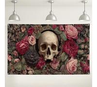 Fondo gótico de calavera floral, decoración vintage de flores oscuras, fondo de fotografía espeluznante para interiores y exteriores para eventos de Halloween, 71 x 43 pulgadas