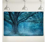 Fondo mágico de bosque, decoración de escena nocturna de árbol encantado, fondo de fotografía azul de ensueño para interiores y exteriores, para fiestas, eventos y celebraciones, 71 x 43 pulgadas