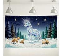 Fondo mágico del país de las maravillas de invierno con caballo y zorros, escena mágica de noche estrellada para decoraciones de fiestas de vacaciones, fondo de fotografía para interiores y exteriores
