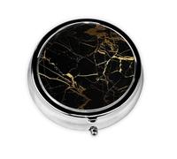 Fondo negro y dorado. Este pequeño pastillero redondo impreso es un organizador portátil de pastillas y vitaminas perfecto para bolsillos, bolsos y viajes.