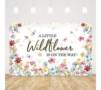 Fondo para baby shower con diseño de flores silvestres de 1.5 x 0.9 metros. Un pequeño ramo de flores silvestres está en camino. Fondo para
