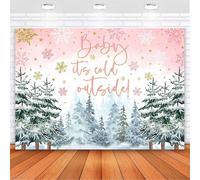Fondo para baby shower de invierno: "Bebé, hace frío afuera", pinos, copos de nieve, fondo fotográfico dorado y rosa, género neutro.