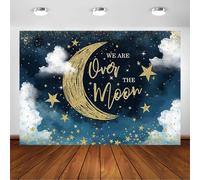 Fondo para baby shower "We are Over The Moon" con luna y estrellas, decoración celestial para fiestas de baby shower.