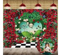 Fondo para fotografía del país de las maravillas de 7 x 5 pies, rosa roja, hoja verde, fondo de cuento de hadas, decoración de fiesta de té, suministros para retratos