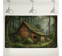 Fondo rústico de cabaña de bosque, fondo de fotografía vintage de bosque, escena natural verde para eventos, decoraciones de otoño para interiores y exteriores, 71 x 43 pulgadas