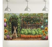 Fondo temático de conejo de jardín, decoraciones coloridas de fiesta de granja de verduras, fondo de fotos de primavera al aire libre para eventos de Pascua, bonito diseño floral para celebraciones de