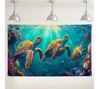 Fondo vibrante de tortuga marina, decoraciones coloridas del océano para fotografía, suministros de fiesta temática subacuática, fondo de celebración de playa de verano, 71 x 43 pulgadas