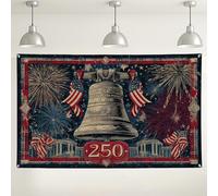 Fondo vintage del Día de la Independencia, decoraciones patrióticas de campanas de fuegos artificiales, fondo de fiesta rojo, blanco y azul para celebraciones, eventos del 4 de julio, 71 x 43 pulgadas