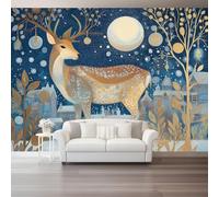 Fondos de pantalla con imágenes panorámicas Escena Nieve Invernal Pueblo Ciervos Y Luz De Luna Decoración de pared decorativa para el dormitorio del hogar 250 x 175 cm papel tapiz multiusos Vistoso