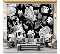 Fondos de pantalla con imágenes panorámicas Gótico Dados Calavera Rosas Decoración de pared decorativa para el dormitorio del hogar 250 x 175 cm para decoración papel tapiz multiusos Negro blanco