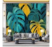 Fondos de pantalla con imágenes panorámicas Pintado Monstera Hojas Tropicales Decoración de pared decorativa para el dormitorio del hogar 350 x 256 cm papel tapiz multiusos Azul amarillo