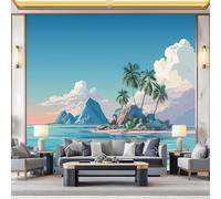 Fondos de pantalla con imágenes panorámicas Pintado Palmeras Isla Montañas Decoración de pared decorativa para el dormitorio del hogar 250 x 175 cm para decoración papel tapiz multiusos Vistoso