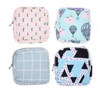 FONDOTIN Bolsa de Menstruación Portátil 4 Piezas Diseño Multifunción, Tamaño Pequeño, Color Azul Cuadro, Verde Triángulo, Cactus y Globo Verde, para Almacenamiento Práctico de Compresas