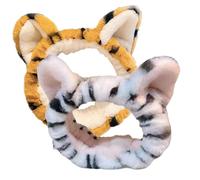 FONDOTIN Diademas Elásticas de Felpa Banda Cabello de Spa y Maquillaje Diseño de Orejas de Tigre 2 Piezas Accesorio Cómodo y Estiloso para Mujer y Niña