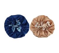 FONDOTIN Gorros para Dormir de Satén de Doble Capa 2 Piezas Colores Azul y Dorado Tamaño Grande Banda Ancha Ajustable Protección Cabello Durante el Sueño Suaves y Transpirables Uso