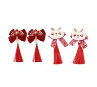 FONDOTIN Pinzas Cabello Estilo Chino Antiguo Lazo Rojo y Flores de Perla Sintética, 2 Pares de Clips Ligeros para Niñas en Fiestas, Bodas y Celebraciones Tradicionales