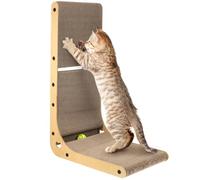 FONDOTIN Rascador Vertical para Gatos de Cartón en Forma de L con Marco de Madera Efecto Madera Compacto con 2 Bolas con Cascabeles para Juego Interior y Ejercicio de Gatitos Domésticos
