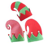 FONDOTIN Sombreros de Navidad Hechos a Mano 3 Piezas de Gorros de Tela No Tejida en Rojo Rayas y Patchwork Cascabeles Ideales para Fiestas Navideñas y Cosplay Festivo