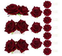 FONDOTIN Tocado de Flores de Tela de Terciopelo en Caja Conjunto de Horquillas y Broche de Rosa Simulada en Color Vino Tinto Ligero y Portátil para Bodas y Eventos Obsequios