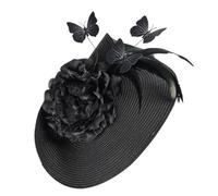 FONDOTIN Tocado Elegante para Mujer Tipo Gran Sombrero de Tejido Negro Flores, Mariposas y Plumas, Cómodo y Resistente para Bodas y Fiestas