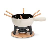 H.Koenig La Fonderie 1890 Set de Fondue de Hierro Fundido Mont Blanc para 6 Personas, Fondues de Queso y Chocolate, 6 Tenedores con Mangos de Madera de Haya, Base de Madera Natural, Capacidad 1,8L