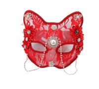 FonHNDG Máscaras para fiestas Máscara de mascarada mariposa y perla gato encaje, accesorios disfraz moda for damas niñas(Red)