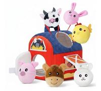 Fonowx Casa de Granja de Peluche Set Granja de Peluche Granero Suave Animales Espejo Bebé Texturas Desarrollo Habilidades Material Tela Adecuada para Bebés, Casa Rancho