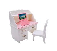 Fonowx Conjunto de Escritorio Y Silla para Casa de Muñecas, Que Incluye Una Mesa para Portátil en Miniatura Y Accesorios para Escenas de Bricolaje. Construcc, con portátil Rosa
