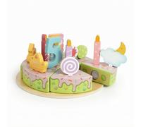Fonowx Pastel de Cumpleaños Educativo de Madera Juguete Fiesta Juego de Comida Interactivo con Números Removibles y Base Redonda con Bandeja y Servidor