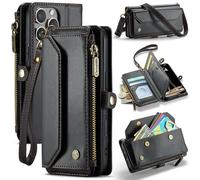 FONREST Funda de cuero para iPhone-16-Pro, funda magnética tipo cartera con función atril y bloqueo RFID, ranuras para efectivo, bolsillo con cremallera, correa cruzada para la muñeca (negro)