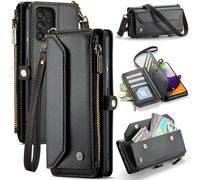 FONREST Funda de cuero para Samsung Galaxy A52/A52S 5G, funda magnética tipo cartera con función atril, bloqueo RFID, ranuras para efectivo, bolsillo con cremallera, correa de muñeca (negro)