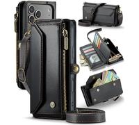 FONREST Funda de piel para iPhone-17-Pro-Max, funda magnética tipo cartera con función atril y bloqueo RFID, ranuras para efectivo, bolsillo con cremallera, correa cruzada para la muñeca (negro)