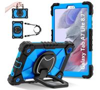 FONREST Funda resistente para Samsung-Galaxy-Tab-A7 Lite de 8.7 pulgadas (SM-T220/T225/T227) con soporte giratorio/anillo para colgar/correa de hombro cruzada, funda a prueba de golpes (negro/azul)