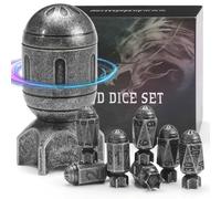 FONVGOGO Juego de dados DND de metal con 7 unidades y recipiente giratorio en forma de cohete, juego de dados DND para mazmorras y dragones DND (cohete, plata antigua)