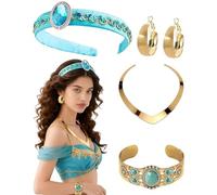 Fonyiunce Disfraz de Princesa Jasmine Mujer, Princesas Árabe Tiara de Corona Collar Pulsera Pendiente, 4pcs Disfraz de Princesa Jasmin Mujer para Carnaval,Mardi Gras