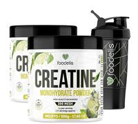 Foodelis Creatina Monohidratada en Polvo - Sabor Mojito - 100% Creatina Micronizada - Alta Pureza - Sin Aditivos - Vegana - Alta Solubilidad - Incluye Dosificador (1 kg + Mezclador)