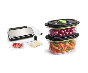 FoodSaver Premium VS3190X Envasadora al vacío,4 bolsas & 4 bolsas con cierre tipo zip, Acabado plata y negro & FoodSaver Recipiente para conservar y marinar al vacío