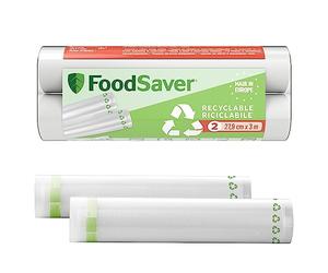 FoodSaver rollos de envasado al vacío | Reciclables y reutilizables Mantiene los alimentos frescos hasta 5 veces más tiempo, Sin BPA, 2 rollos para congelar y cocer a fuego lento (28 cm x 3 m)
