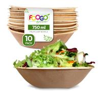 FOOGO Green 10 Cuencos Desechables de Hoja de Palma, 20 cm, 750 ml, para Postres y Ensaladas, Redondos, Biodegradables, Compostables, Como los Cuencos de Madera, Bambú y Papel, Fiesta