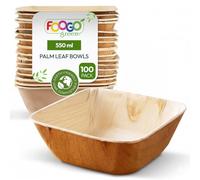 FOOGO Green 100 Cuencos Desechables de Hoja de Palma, 13cm, 550ml, para Postres y Ensaladas, Cuadrado, Biodegradables, Compostables, Como los Cuencos de Madera, Bambú y Papel, Fiesta