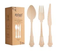 FOOGO Green Set de Cubiertos de Madera Desechables de 75 Piezas, Certificado FSC®, 25 Tenedores, 25 Cucharas, 25 Cuchillos, 16 cm, Compostable, Set de Cubiertos, Picnic, Set de Cubiertos de Bambú